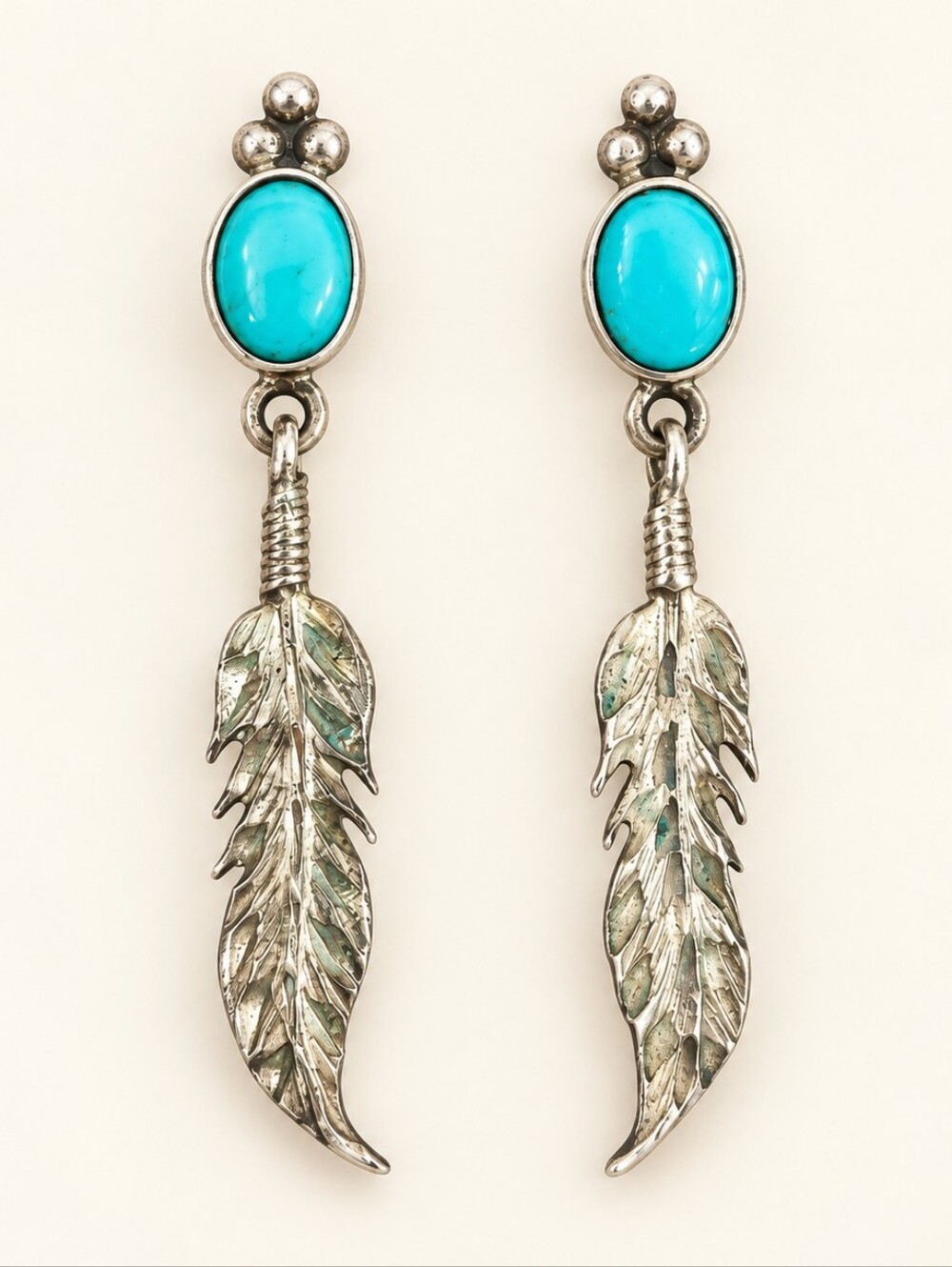 Vintage Navajo Sterling Silver Feather And Turquise Earrings